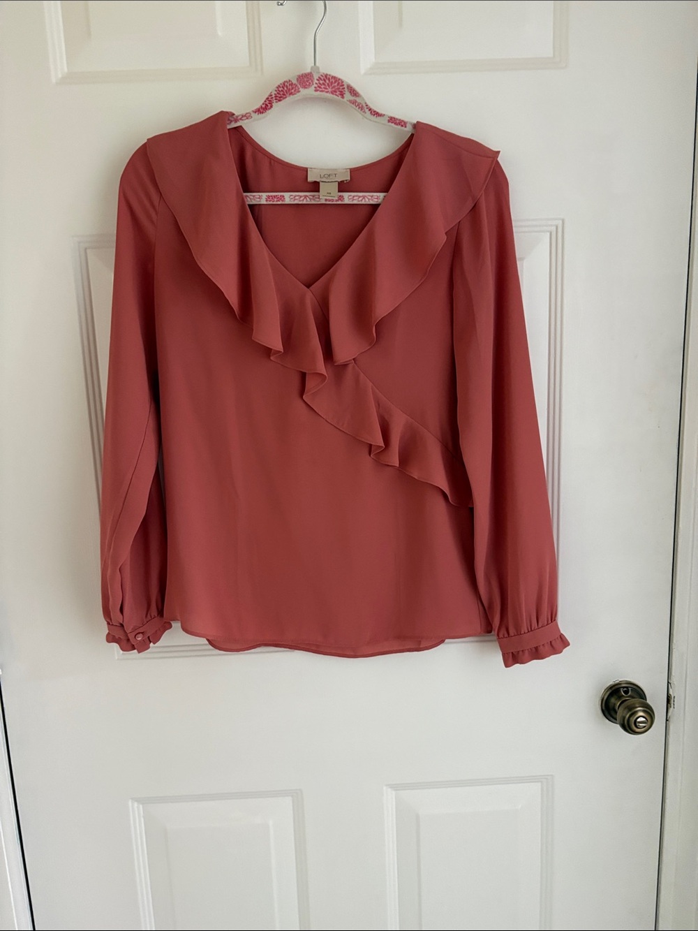 LOFT Ruffle V-Neck Blouse in Rosewood